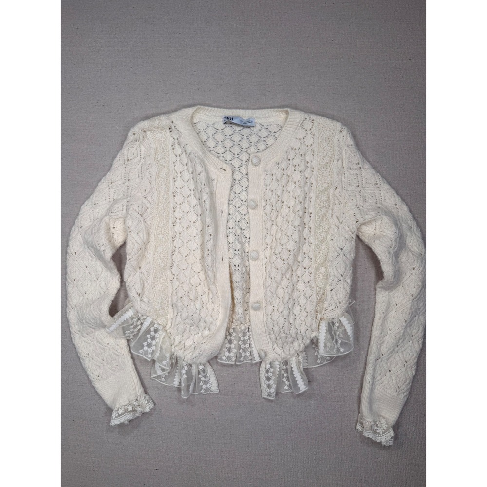 Zara Cream Pointelle Knit Cardigan Lace Ruffle Trim Cropped Sweater Ivory Medium